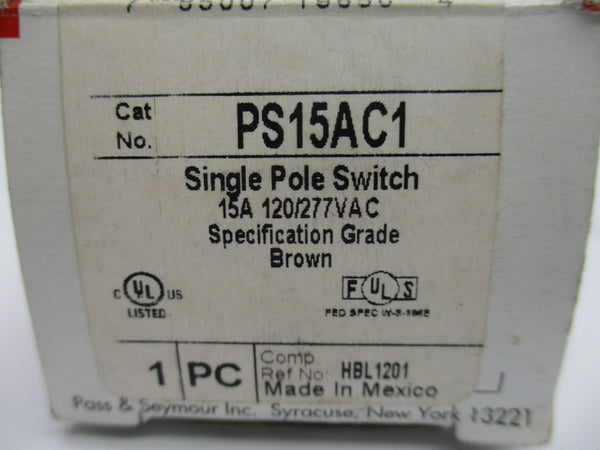 LOT OF 5 PASS & SEYMOUR PS15AC1 SINGLE POE SWITCH 15A 120/277VAC NSMP