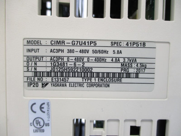 YASKAWA ELECTRIC CIMR-G7U41P5 0-480VAC 5.8A NSNP