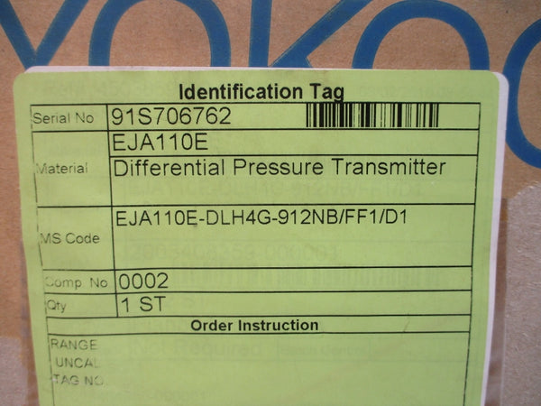 YOKOGAWA EJA110E-DLH4G-912NB/FF1/D1 10.5-42VDC 2300PSI NSMP