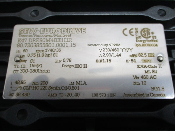SEW-EURODRIVE K47DRE80M4BE1HR K47/A 230/460V 2.90/1.44A NSNP