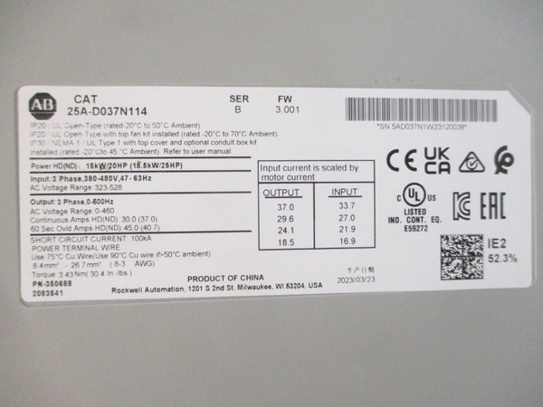 ALLEN BRADLEY 25A-D037N114 SER. B F/W 3.001 323-528VAC NSMP