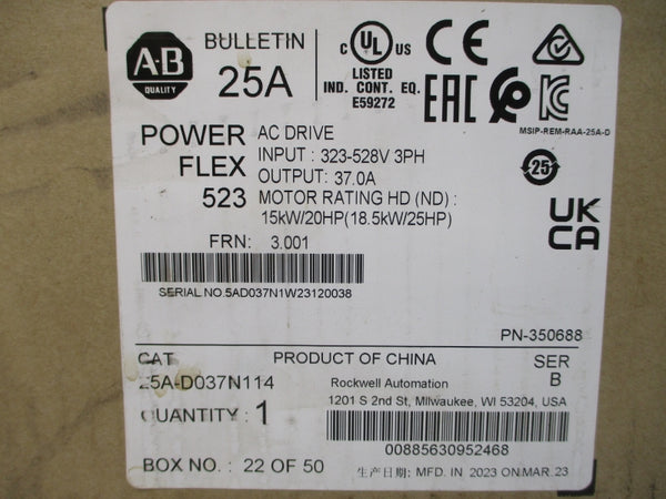 ALLEN BRADLEY 25A-D037N114 SER. B F/W 3.001 323-528VAC NSMP