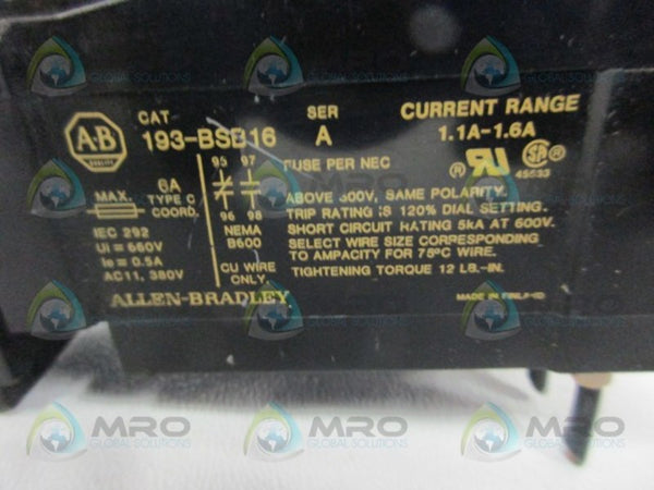ALLEN BRADLEY 193-BSB16 SER. A OVERLOAD RELAY UNMP