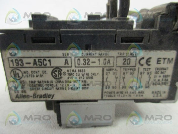 ALLEN BRADLEY 193-A5C1 SER. A OVERLOAD RELAY 0.32-1.0A UNMP