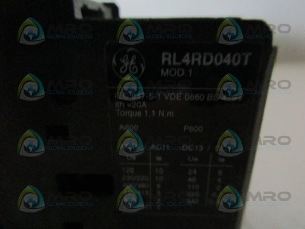 GENERAL ELECTRIC RL4RD040T 24VDC CONTROL RELAY UNMP