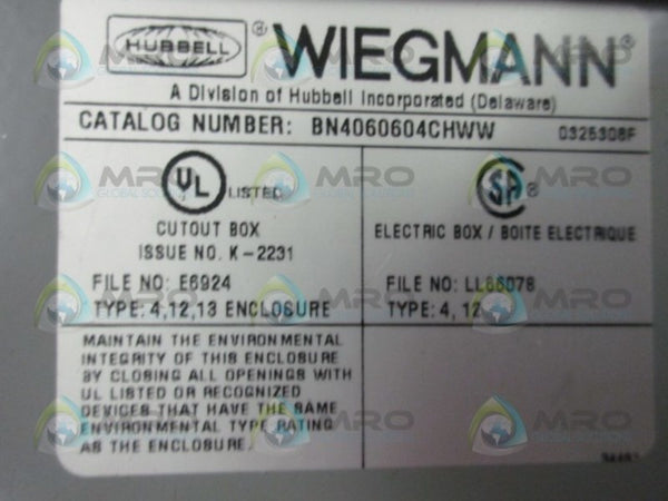 HUBBELL WIEGMANN BN4060604CHWW ELECTRICAL BOX NSNP