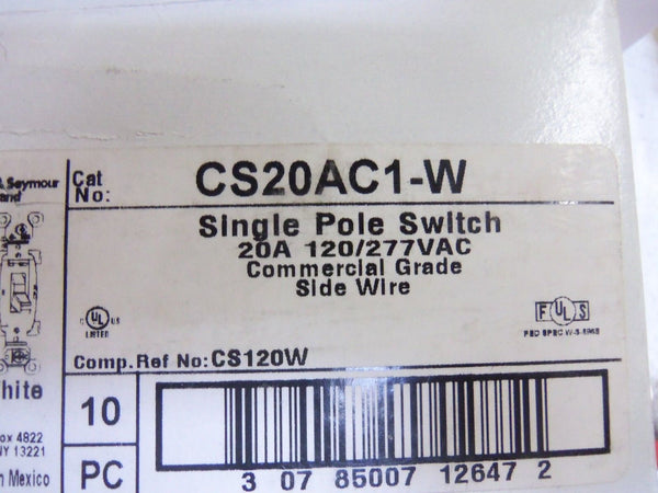 LOT OF 20 PASS & SEYMOUR CS20AC1-W SINGLE POLE SWITCH NSMP