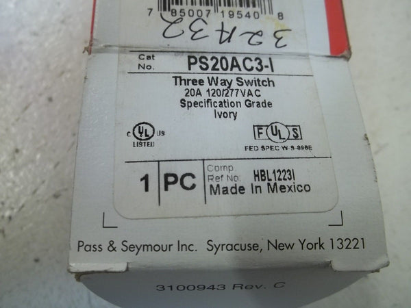 LOT OF 2 PASS & SEYMOUR PS20AC3-I THREE WAY SWITCH 20A 120/277VAC NSMP