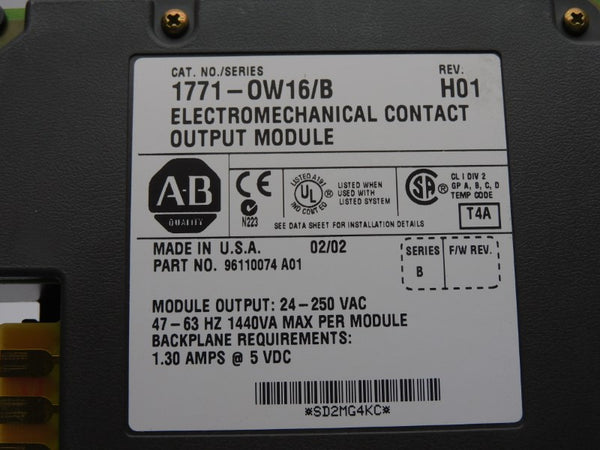 ALLEN BRADLEY 1771-OW16 SER. B REV. H01 24-250VAC 1.30A (NO TERMINAL) UNMP