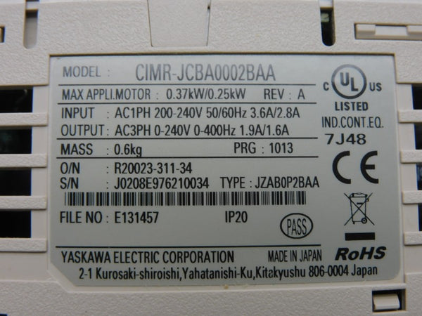 YASKAWA CIMR-JCBA0002BAA REV. A 0-240V 3.6A/2.8A NSMP