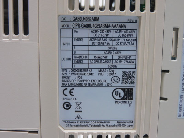 YASKAWA CIPR-GA80U4089ABMA-AAAANA REV. B 460-480V 106A/87.5A NSNP