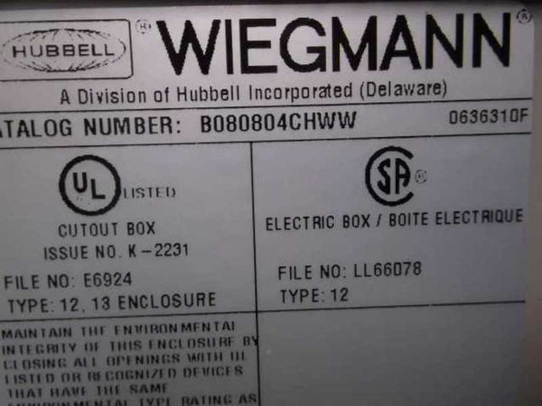 HUBBELL WIEGMANN B080804CHWW ENCLOSURE ELECTRIC BOX CONTROL NSMP