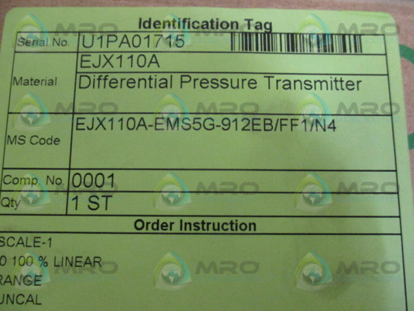 YOKOGAWA EJX110A-EMS5G-912EB/FF1/N4 PRESSURE TRANSMITTER NSMP