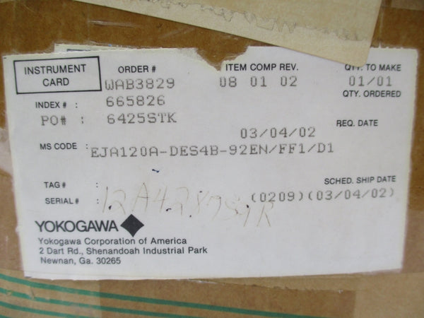 YOKOGAWA EJA120A-DES4B-92EN/FF1/D1 24VDC 7PSI NSMP