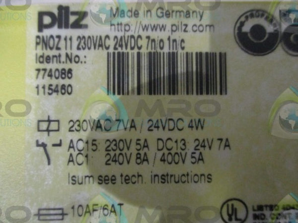PILZ PNOZ11230VAC24VDC7n/o1n/c SAFETY RELAY 230VAC 24VDC UNMP