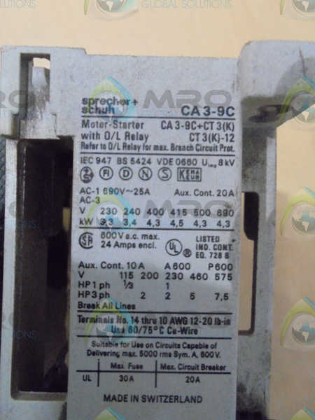 SPRECHER+SCHUH CA3-9C MOTOR STARTER WITH O/L RELAY UNMP