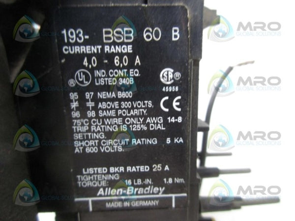 ALLEN BRADLEY 193-BSB-60 SER. B OVERLOAD RELAY UNMP