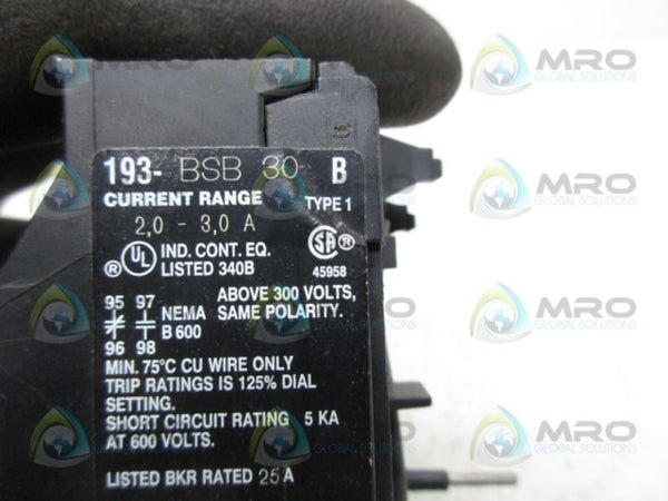 ALLEN BRADLEY 193-BSB-30 SER. B OVERLOAD RELAY UNMP