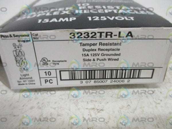 LOT OF 10 PASS & SEYMOUR 3232TR-LA DUPLEX RECEPTACLE NSMP