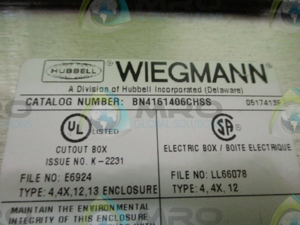 HUBBELL WIEGMANN BN4161406CHSS ENCLOSURE 16x14x6 NSMP