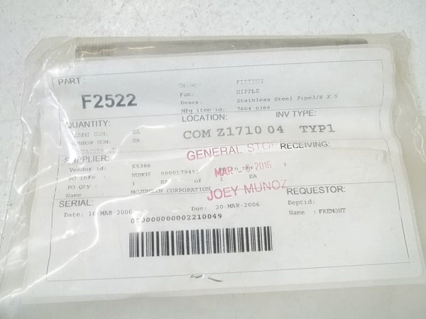 7604-0389 STAINLESS STREEL PIPE 3/8" X 5 NSNP