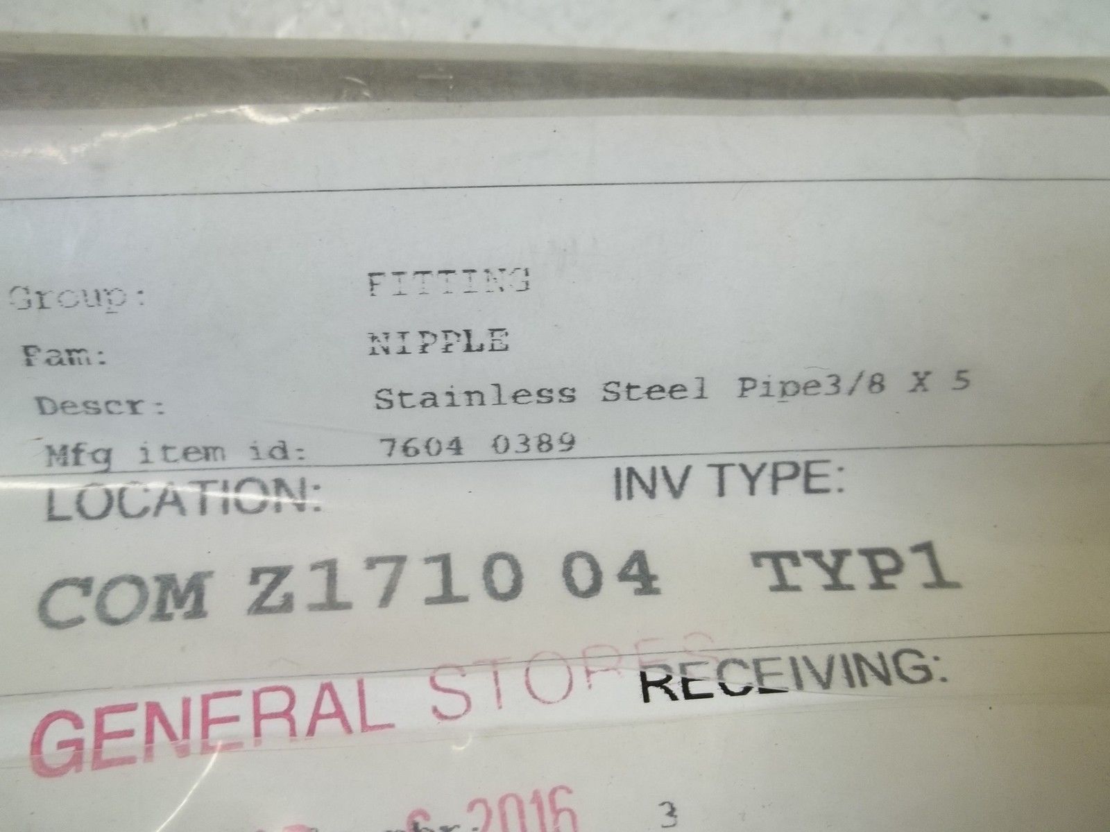 7604-0389 STAINLESS STREEL PIPE 3/8" X 5 NSNP