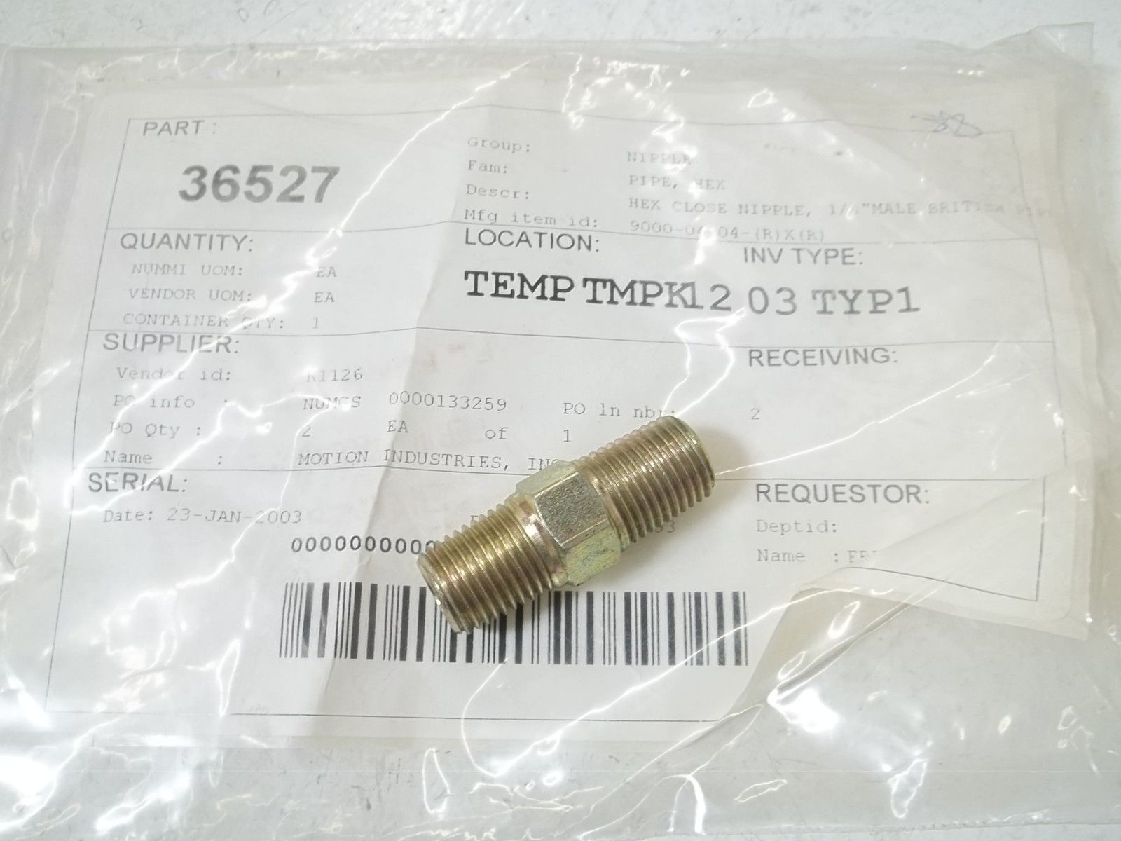 9000-04-04 HEX CLOSE NIPPLE, 1/4" MALE BRITISH PIPE NSNP