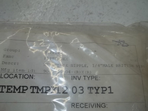 9000-04-04 HEX CLOSE NIPPLE, 1/4" MALE BRITISH PIPE NSNP