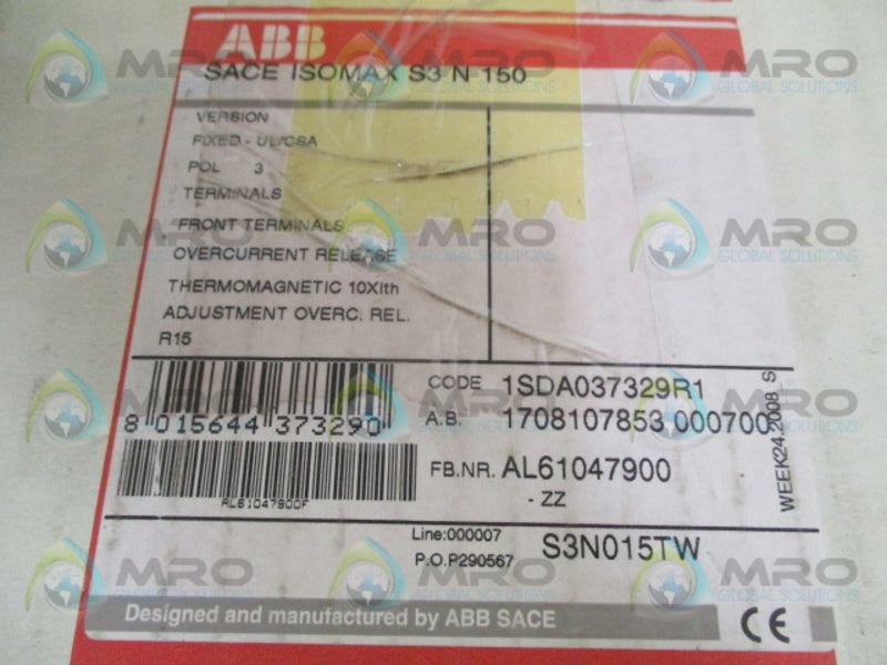 ABB SACE ISOMAX S3N150 1SDA037329R1 15A NSMP