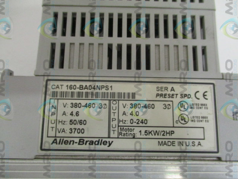 ALLEN BRADLEY 160-BA04NPS1 SER. A F/W 4.07 SPEED CONTROLLER (NO KEYPAD) UNMP