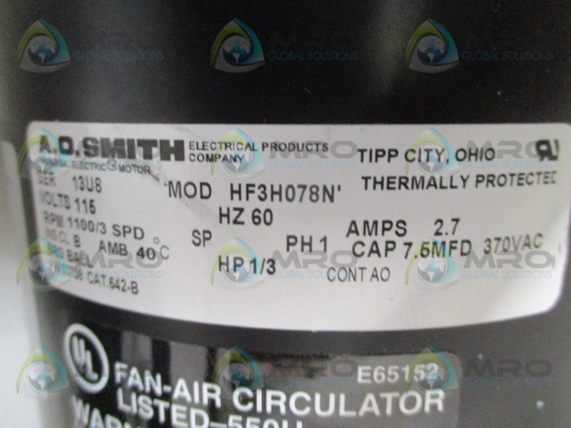 A.O. SMITH HF3H078N MOTOR 1/3 HP 1100 RPM NSNP