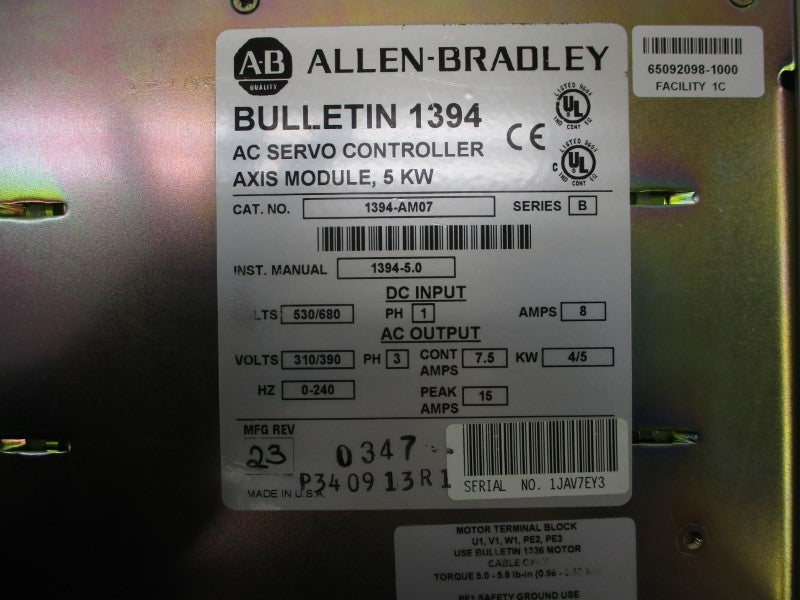 ALLEN BRADLEY 1394-AM07 SER. B 530/680VDC 8A REV. 23  NSMP