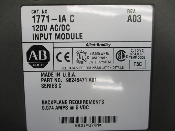 ALLEN BRADLEY 1771-IA SER. C REV. A03 120VAC/DC 0.074A NSMP