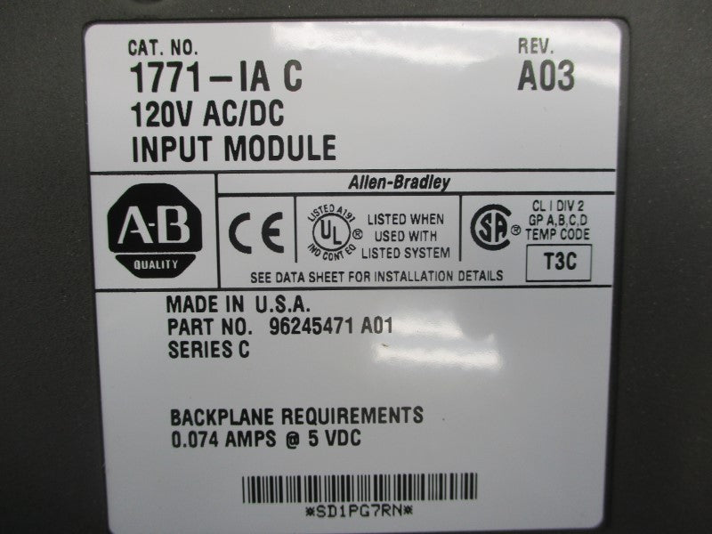 ALLEN BRADLEY 1771-IA SER. C REV. A03 120VAC/DC 0.074A NSMP