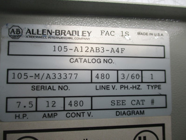 ALLEN BRADLEY 105-A12AB3-A4F 480V 12A NSNP