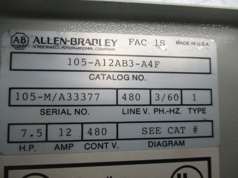 ALLEN BRADLEY 105-A12AB3-A4F 480V 12A NSNP