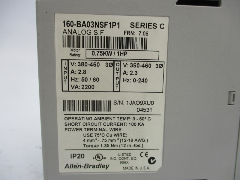 ALLEN BRADLEY 160-BA03NSF1P1 SER. C F/W 7.06 380-460V 2.8A NSNP