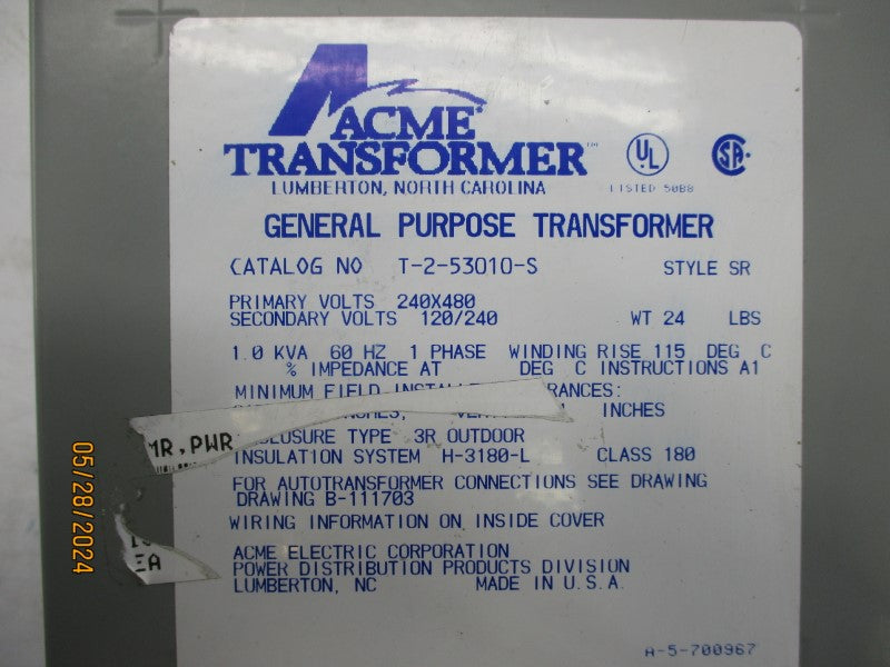 ACME TRANSFORMER T-2-53010-S 240/480V (AS PICTURED) NSNP