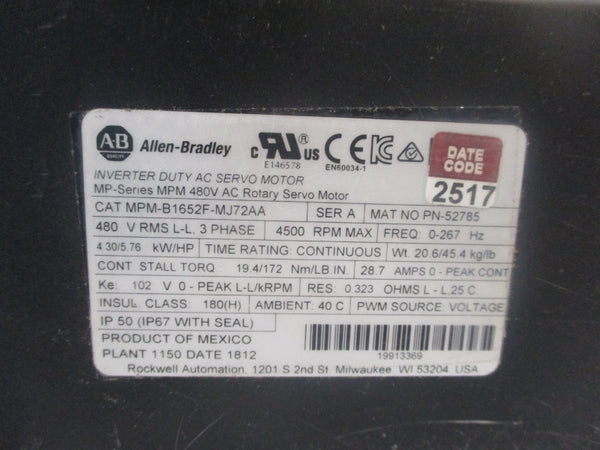 ALLEN BRADLEY MPM-B1652F-MJ72AA SER. A 480V 28.7A UNMP