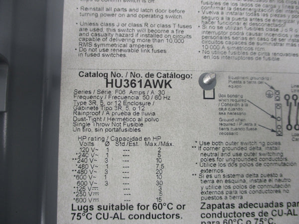 SQUARE D HU316AWK SER. F06 600V 30A NSMP