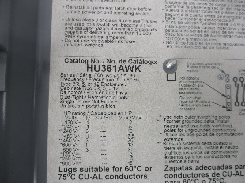 SQUARE D HU316AWK SER. F06 600V 30A NSMP