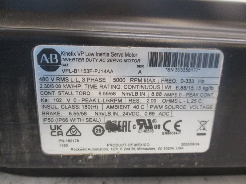 ALLEN BRADLEY VPL-B1153F-PJ14AA SER. A 480V 8.88A NSNP