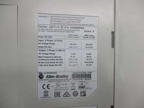 ALLEN BRADLEY 20F11ND014AA0NNNNN SER. A F/W 14.002 432-528V 12.5A NSMP