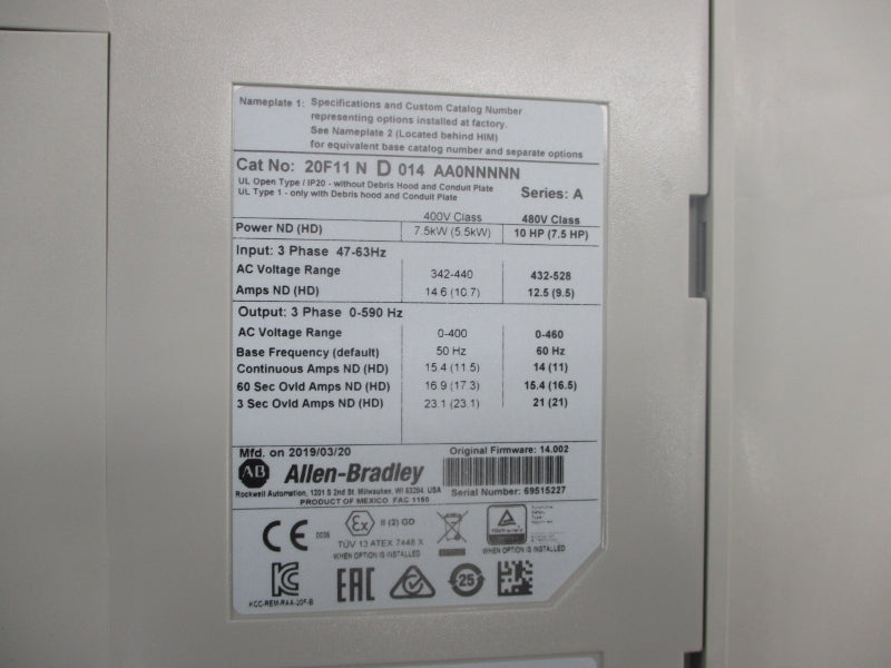 ALLEN BRADLEY 20F11ND014AA0NNNNN SER. A F/W 14.002 432-528V 12.5A NSMP