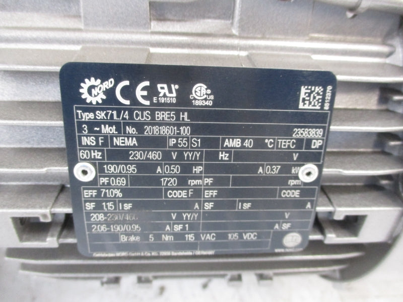 NORD SK9012.1AZBD-71L/4 CUS BRE5 HL 230/460V 1.90/0.95A NSNP