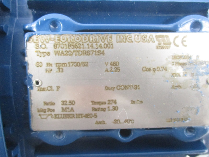SEW-EURODRIVE WA20/TDRS71S4 460V 2.25A NSNP