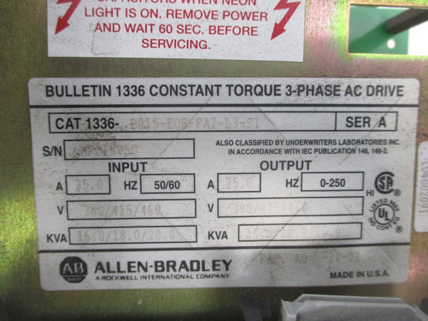 ALLEN BRADLEY 1336-B015-EOE-FA2-L3-S1 SER. A 380/415/460V 25.0A UNMP