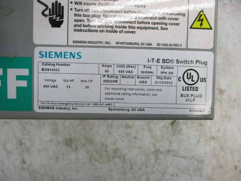 SIEMENS BOS14352 480VAC 60A NSNP