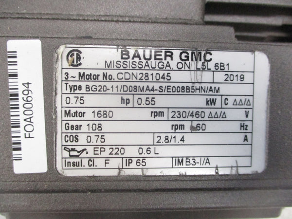 BAUER BG20-11/D08MA4-S/E008B5HN/AM 230/460V 2.8/1.4A NSNP