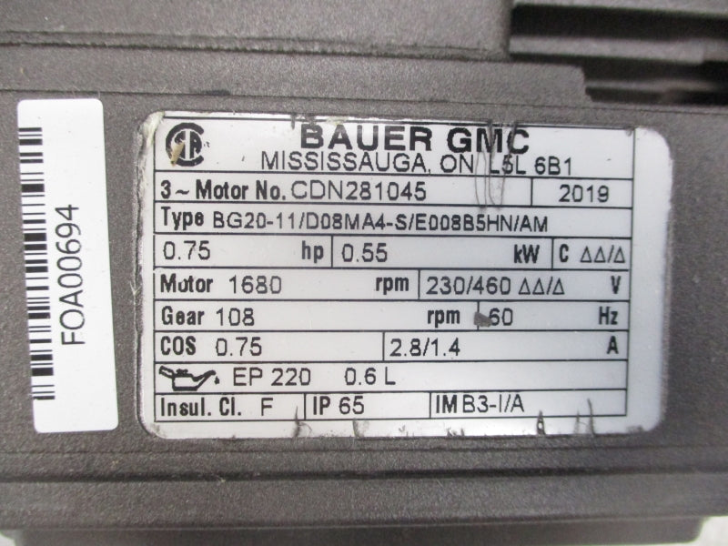 BAUER BG20-11/D08MA4-S/E008B5HN/AM 230/460V 2.8/1.4A NSNP